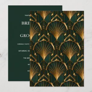 Elegant Emerald and Gold Art Deco Wedding Invitation