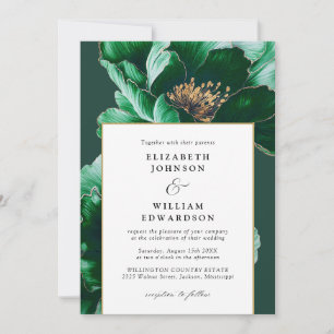 Elegant Emerald And Gold Floral All In One Wedding Invitation