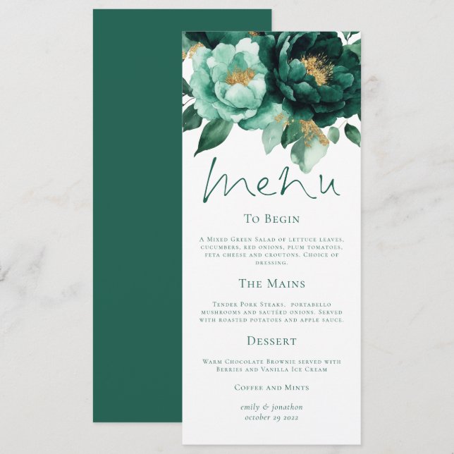 Elegant Emerald and Gold Florals Wedding Menu Card (Front/Back)
