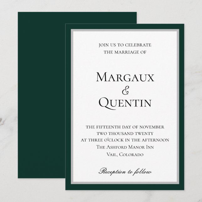 Elegant Emerald and Silver Wedding Invitation (Front/Back)
