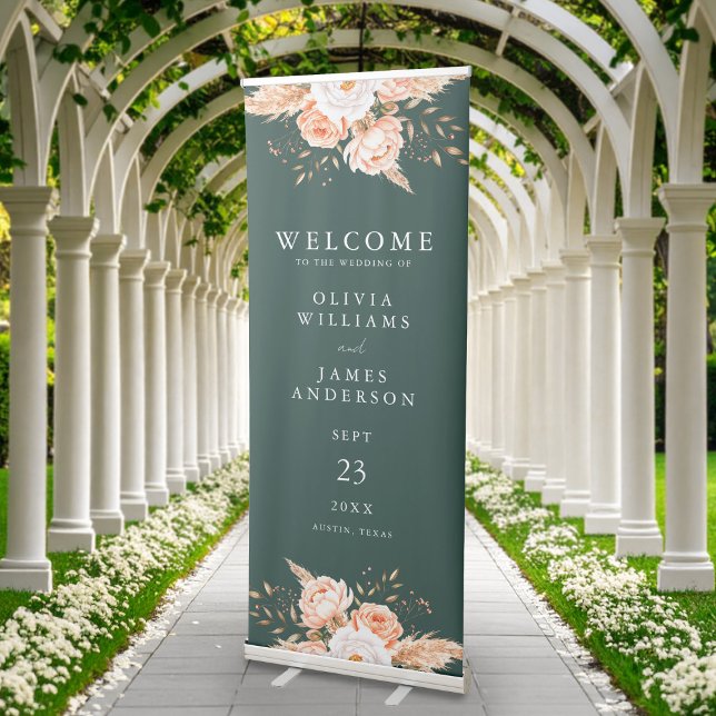 Elegant Emerald Boho Chic Floral Wedding Welcome Retractable Banner (Creator Uploaded)