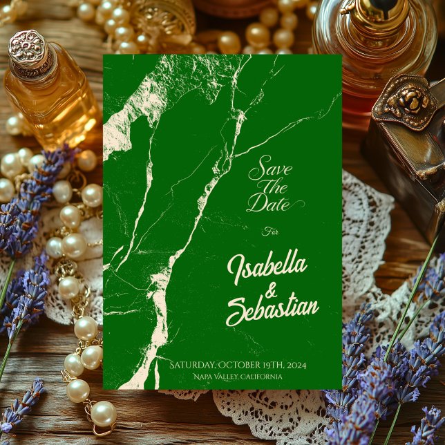 Elegant Emerald & Champagne Marble Save the Date Invitation (Creator Uploaded)