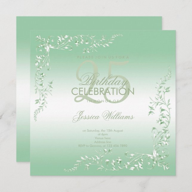 Elegant Emerald Decoration 25th Birthday  Invitation (Front/Back)