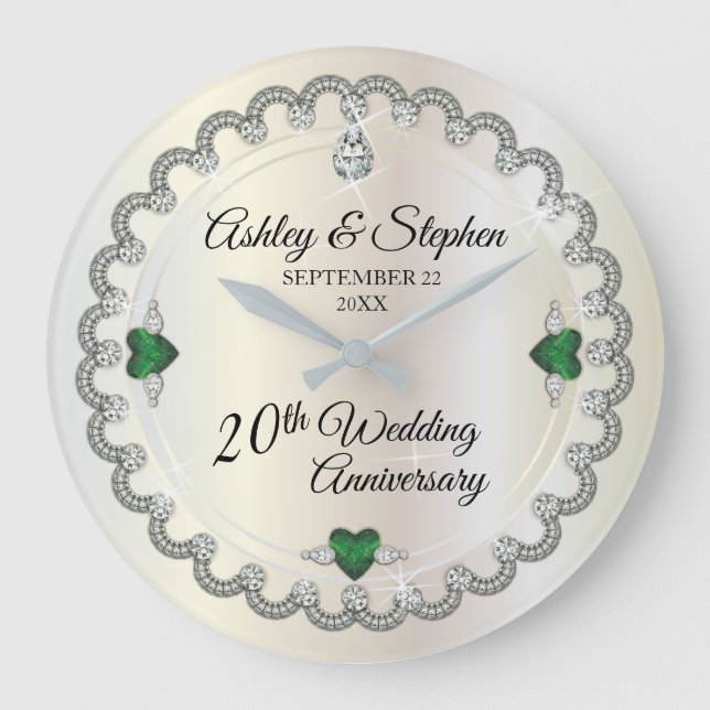 Elegant Emerald Diamonds 20th Wedding Anniversary Large Clock (Front)