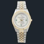 Elegant Emerald Diamonds 20th Wedding Anniversary Watch<br><div class="desc">Opulent elegance frames this 20th wedding anniversary design in a unique scalloped diamond design with centre teardrop diamond with heart-shaped emerald accents and faux added sparkles on a white gold-tone gradient. Please note that all embellishments are printed and are only made to appear as real as possible in a flat,...</div>