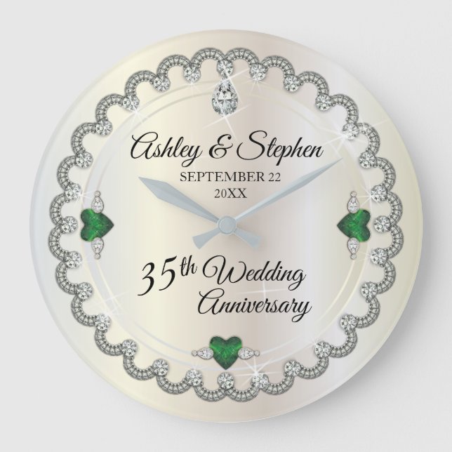 Elegant Emerald Diamonds 35th Wedding Anniversary Large Clock (Front)