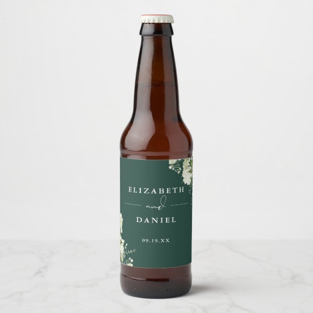 Elegant Emerald Floral Greenery Wedding Beer Bottle Label (Front)