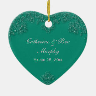 Elegant emerald floral swirl wedding photo favour ceramic tree decoration