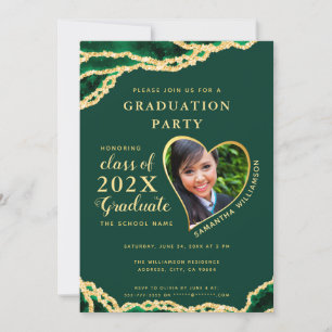 Elegant Emerald & Gold Agate 2025 Photo Graduation Invitation