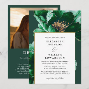 Elegant Emerald Gold Floral Photo QR Code Wedding Invitation