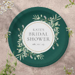 Elegant Emerald Gold Greenery Bridal Shower Paper Plate<br><div class="desc">Featuring delicate watercolor greenery leaves on an emerald green background,  these chic botanical bridal shower paper plates can be personalised with your special bridal shower information. Designed by Thisisnotme©</div>