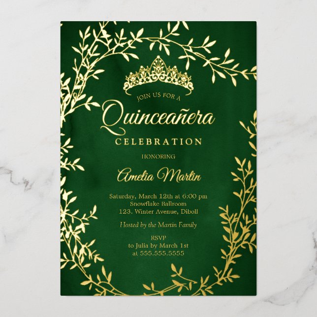 Elegant Emerald Gold Leaf Wreath Quinceanera (Front)