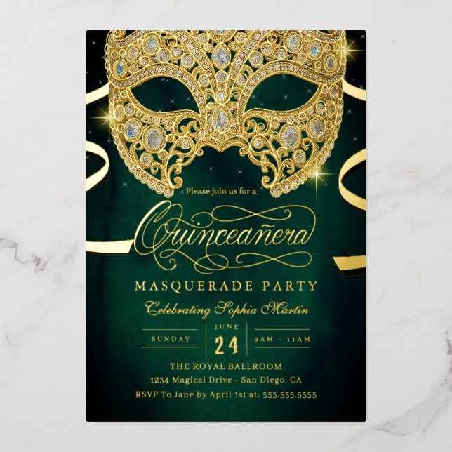 Elegant Emerald Gold Masquerade Quinceanera (Front)