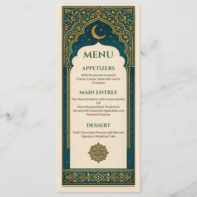 Elegant Emerald & Gold Ornate Arch Wedding Menu (Front)