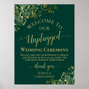 Elegant Emerald & Gold Unplugged Wedding Ceremony Poster