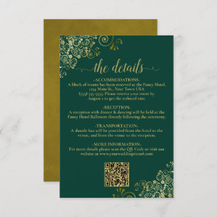 Elegant Emerald & Gold Wedding QR Code Details Enclosure Card