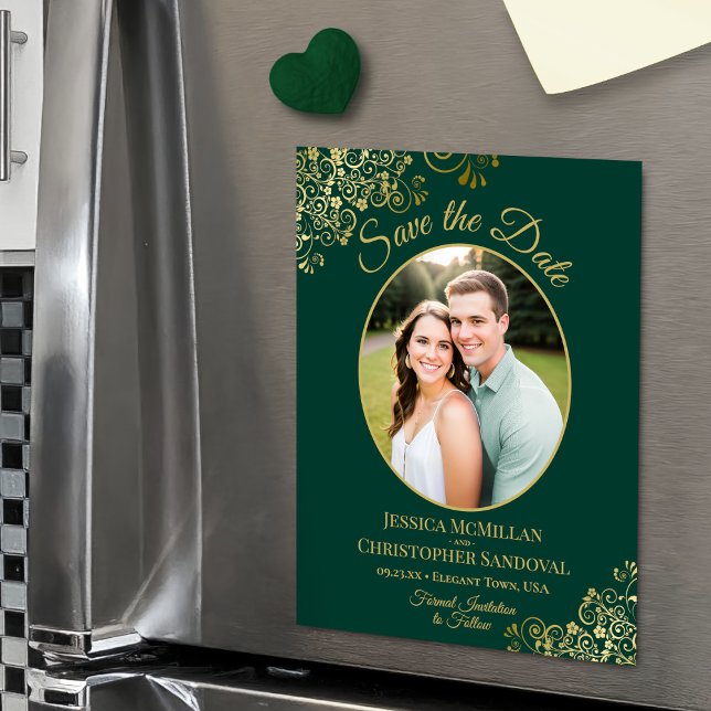Elegant Emerald & Gold Wedding Save the Date Photo Magnetic Invitation (Magnetic Back for Easy Display!)