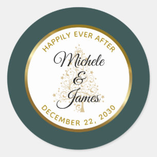 Elegant Emerald Gold Winter Holiday Wedding Classic Round Sticker
