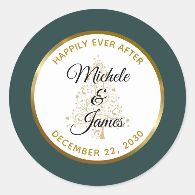 Elegant Emerald Gold Winter Holiday Wedding Classic Round Sticker (Front)