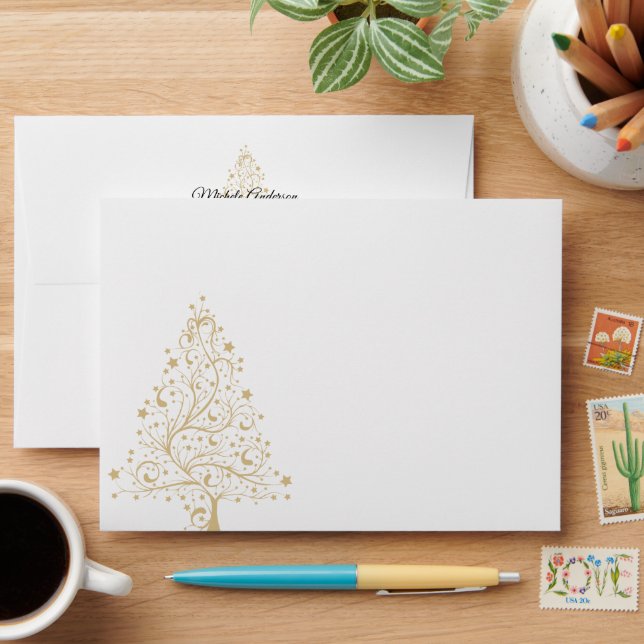 Elegant Emerald Gold Winter Holiday Wedding Envelope (Desk)