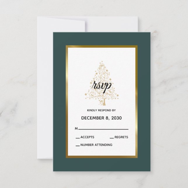 Elegant Emerald Gold Winter Holiday Wedding RSVP Card (Front)