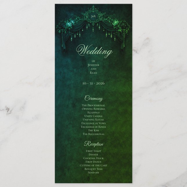 Elegant emerald Gothic Halloween Wedding Program Menu (Front)
