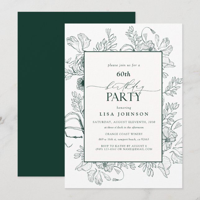 Elegant Emerald Green 60th Birthday Floral  Invitation (Front/Back)