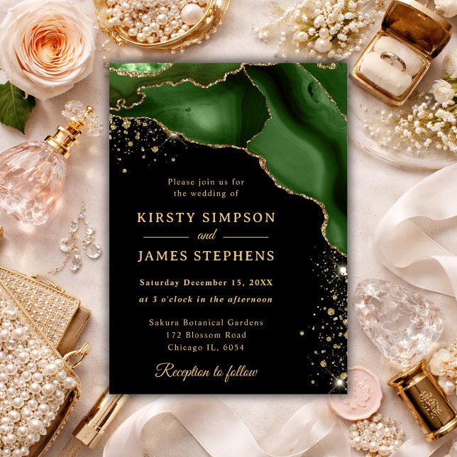 Elegant Emerald Green Agate & Gold Wedding Invitation (Creator Uploaded)