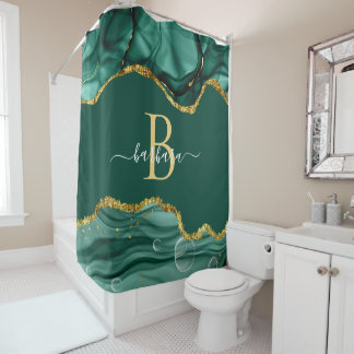 Elegant Emerald Green Agate Monogram Gold Name Shower Curtain