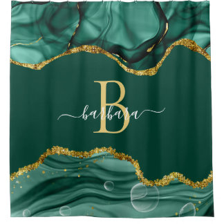 Elegant Emerald Green Agate Monogram Gold Name Shower Curtain