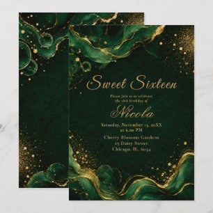 Elegant Emerald Green Alcohol Ink Sweet Sixteen Invitation