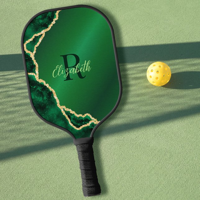 Elegant Emerald Green and Black Agate Monogrammed Pickleball Paddle (Creator Uploaded)