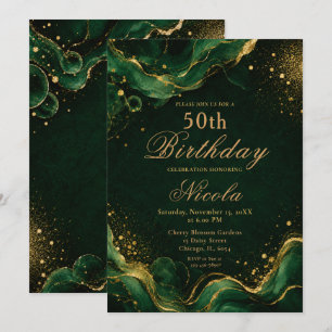 Elegant Emerald Green and Gold Alcohol Ink Invitation