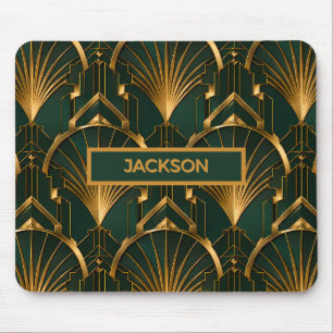 Elegant Emerald Green and Gold Art Deco Monogram Mouse Mat