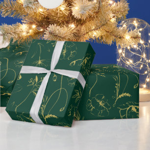 Elegant Emerald Green and Gold Botanical Line Art Wrapping Paper