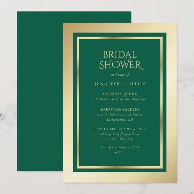 Elegant Emerald Green and Gold Bridal Shower Invitation (Front/Back)