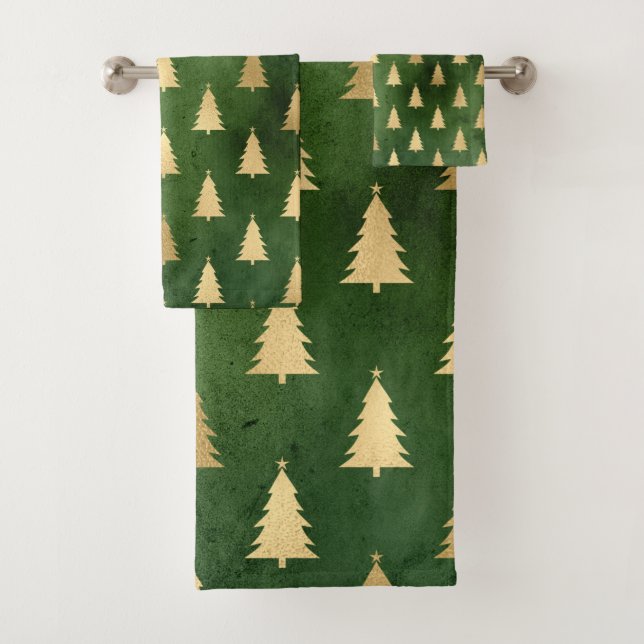 Elegant Emerald Green And Gold Christmas Trees Bath Towel Set (Insitu)