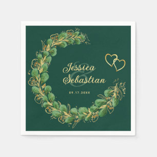 Elegant Emerald Green and Gold Eucalyptus Wedding Napkin