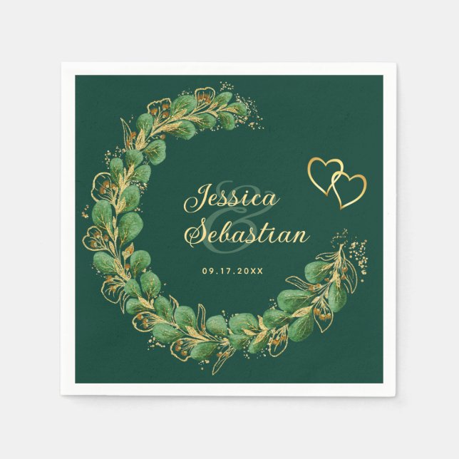 Elegant Emerald Green and Gold Eucalyptus Wedding Napkin (Front)