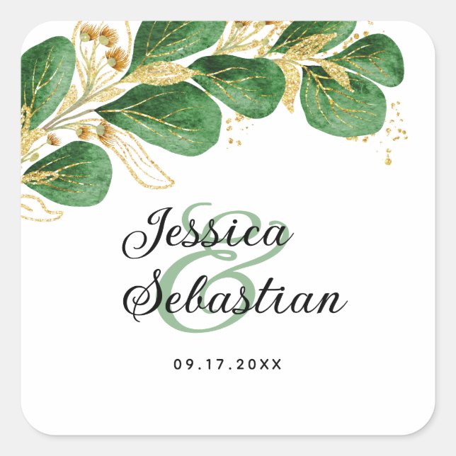 Elegant Emerald Green and Gold Eucalyptus Wedding Square Sticker (Front)