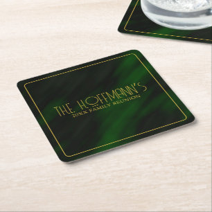 Elegant Emerald Green and Gold Family Reunion Square Paper Coaster