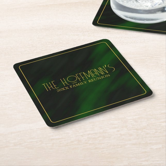 Elegant Emerald Green and Gold Family Reunion Square Paper Coaster (Angled)