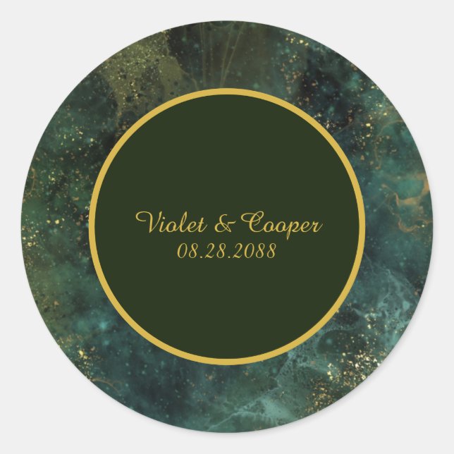 Elegant Emerald Green and Gold Flecks Wedding Clas Classic Round Sticker (Front)