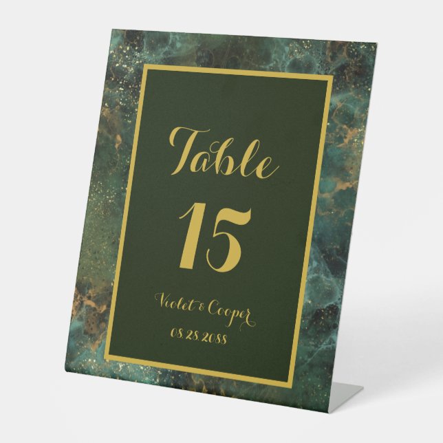 Elegant Emerald Green and Gold Flecks Wedding Enve Pedestal Sign (Front)