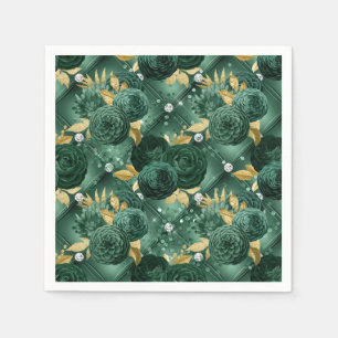 Elegant Emerald Green and Gold Floral Wedding Napkin