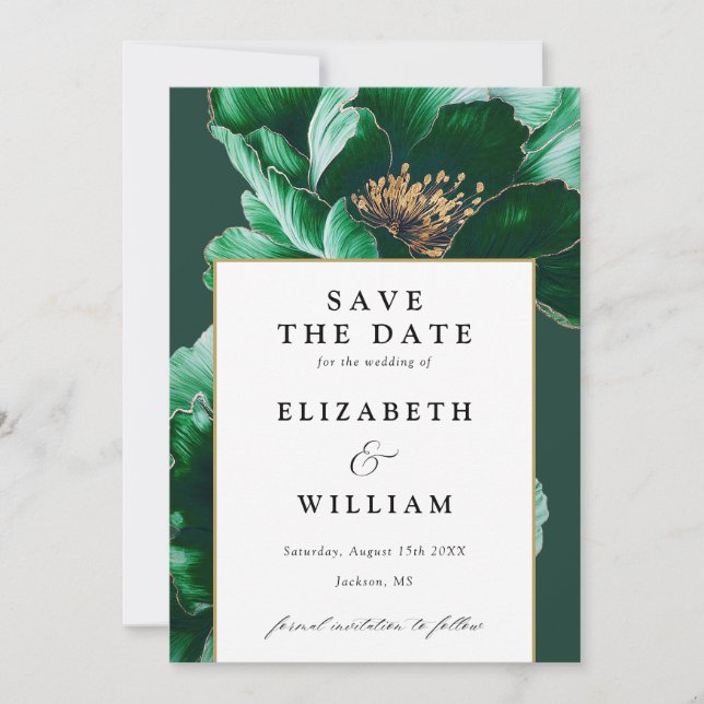 Elegant Emerald Green And Gold Floral Wedding Save The Date (Front)
