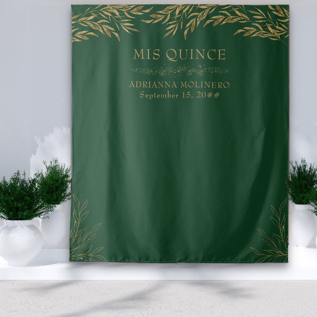 Elegant Emerald Green and Gold Leaf Mis Quince Tapestry (Emerald Green Mis Quince backdrop from my Gold Leaf Quinceanera Collection)