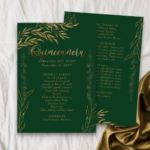 Elegant Emerald Green and Gold Leaf Quinceanera Programme