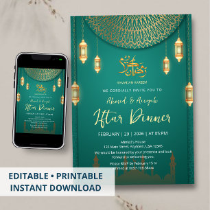 Elegant Emerald Green and Gold Mandala Iftar Invitation