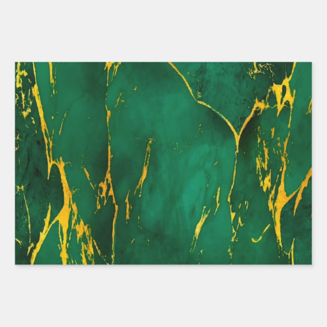 Elegant Emerald Green and Gold Marble Wrapping Paper Sheet (Front)